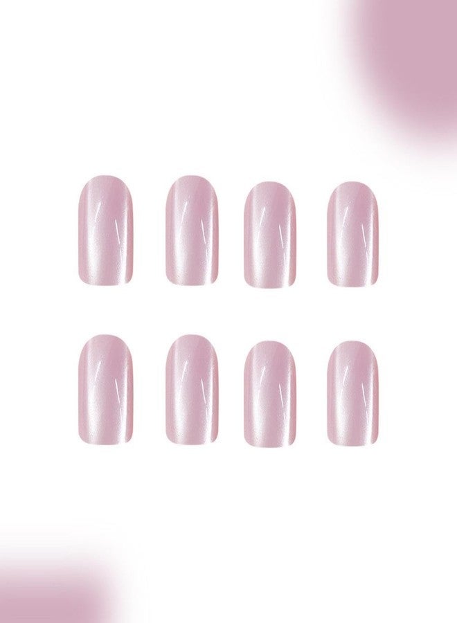 Sevgob Shiny Glitter Press on Nails Short Square Fake Nails with Cat-Eyes Designs Bling Nails Press ons Nude False Nails Glossy Spring Nail Reusable for Women Girls Daily Manicure 24PCS - Image 4